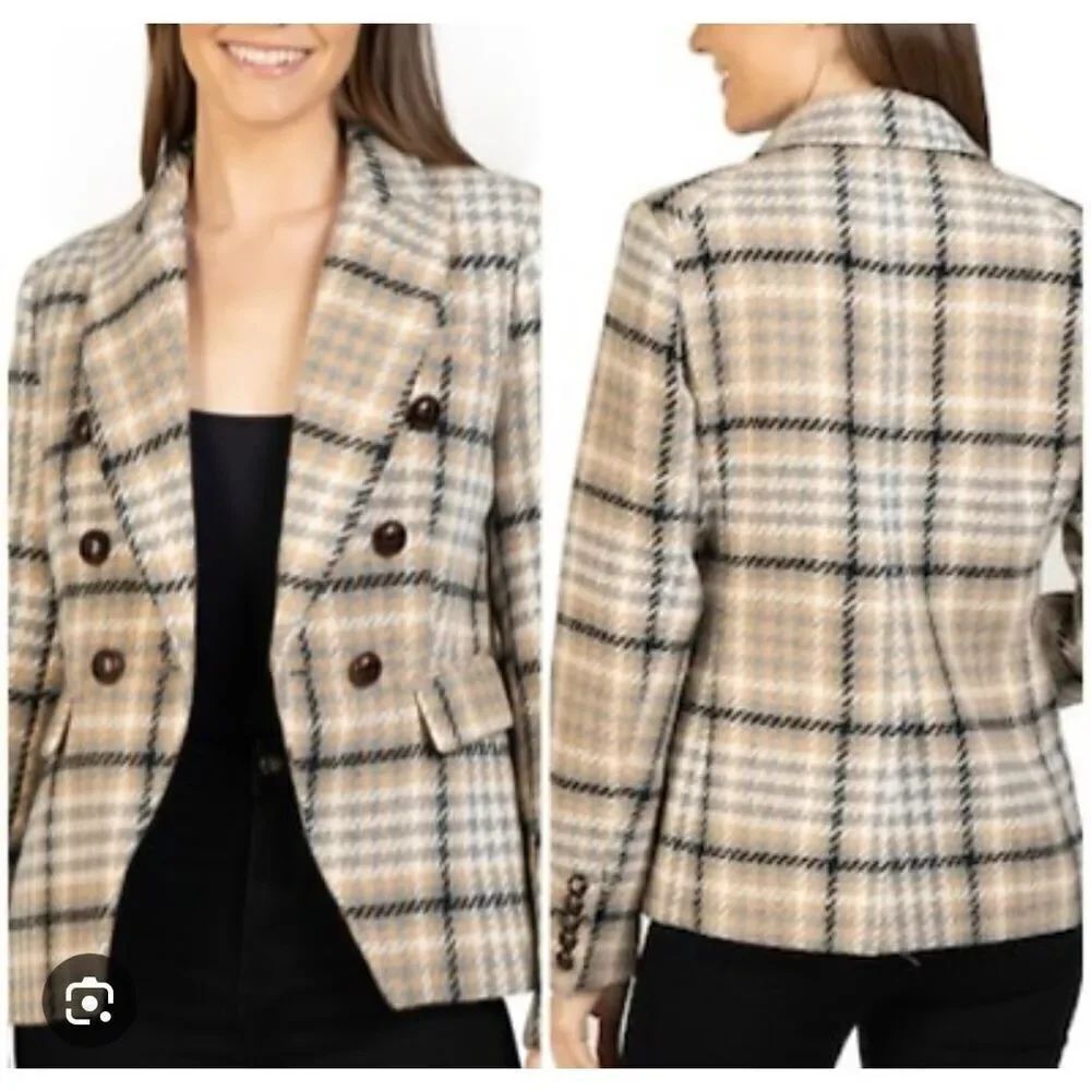 Love Token tweed blazer small plaid beige brown buttons